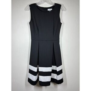 Calvin Klein Black White Striped Fit Flare Scuba Dress Size 4 Preppy Minimalist